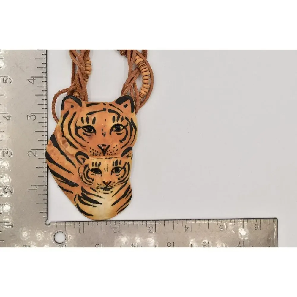 Carol Halmy Vintage Ceramic Beaded Necklace Hand Made Tiger Cub Signed Bin4A